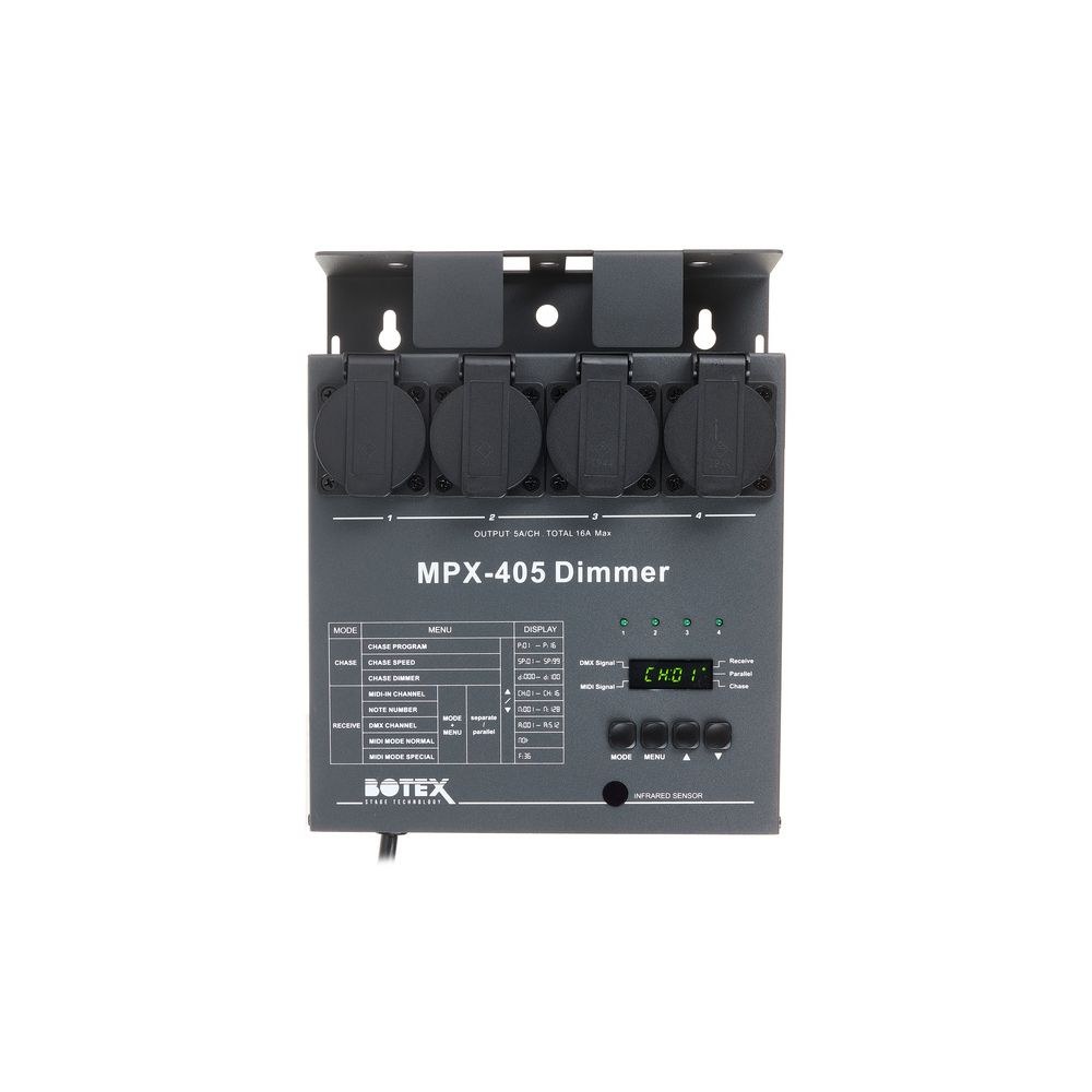 דימר 4 ערוצים Botex בשליטת DMX ו-MIDI – 5A לערוץ, 16 תוכניות, 4 שקעי שוקו 5 דימר 4 הערוצים של Botex – דימר DMX, תמונה 5