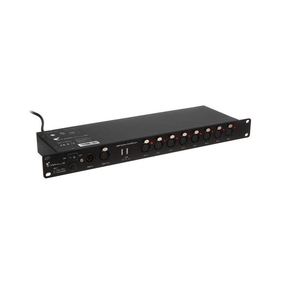 מפצל DMX לראק Stairville – 8 יציאות מבודדות, XLR 5 פינים, 2 שקעי USB, 1U 3 מפצל ה-DMX לראק – מפצל DMX, תמונה 3