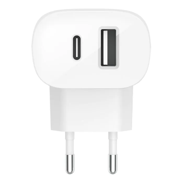 מטען קיר כפול Belkin BoostCharge 32W – יציאת USB-C PD ויציאת USB-A, עיצוב שטוח וקומפקטי במיוחד 1 Belkin BoostCharge 32W מטען קיר כפול