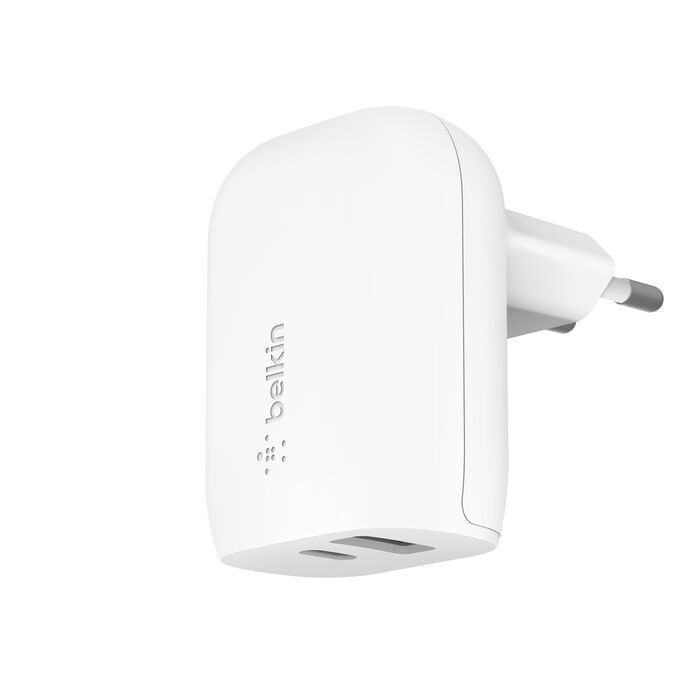 מטען קיר כפול Belkin BoostCharge 32W – יציאת USB-C PD ויציאת USB-A, עיצוב שטוח וקומפקטי במיוחד 2 Belkin BoostCharge 32W מטען קיר כפול 2