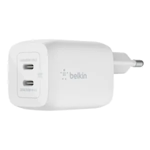 מטען קיר Belkin BoostCharge 65W GaN – שתי יציאות USB-C עם PD 3.0 ו-PPS לטעינת מחשב נייד וטלפון