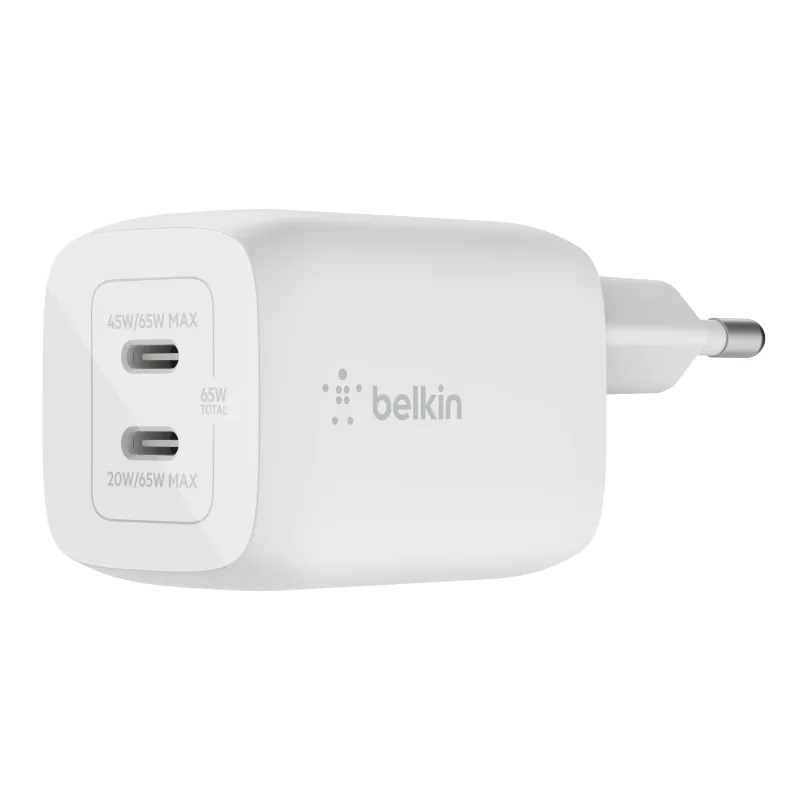מטען קיר Belkin BoostCharge 65W GaN – שתי יציאות USB-C עם PD 3.0 ו-PPS לטעינת מחשב נייד וטלפון 1 Belkin BoostCharge 65W מטען קיר GaN