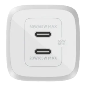 מטען קיר Belkin BoostCharge 65W GaN – שתי יציאות USB-C עם PD 3.0 ו-PPS לטעינת מחשב נייד וטלפון