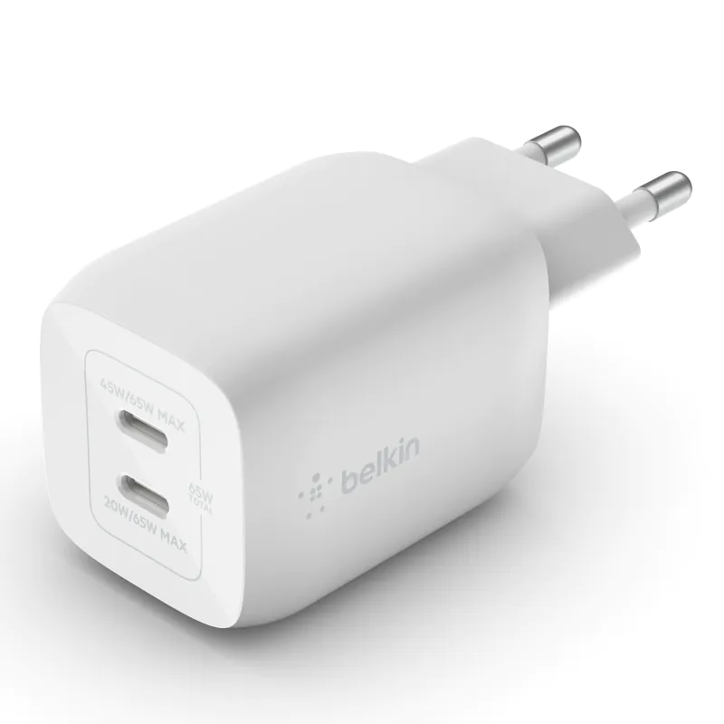 מטען קיר Belkin BoostCharge 65W GaN – שתי יציאות USB-C עם PD 3.0 ו-PPS לטעינת מחשב נייד וטלפון 4 Belkin BoostCharge 65W מטען קיר GaN 4
