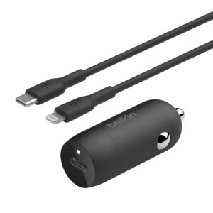 מטען מהיר לרכב Belkin BoostCharge CCA004 בהספק 30W – USB-C PD ו-PPS, כולל כבל USB-C ל-Lightning