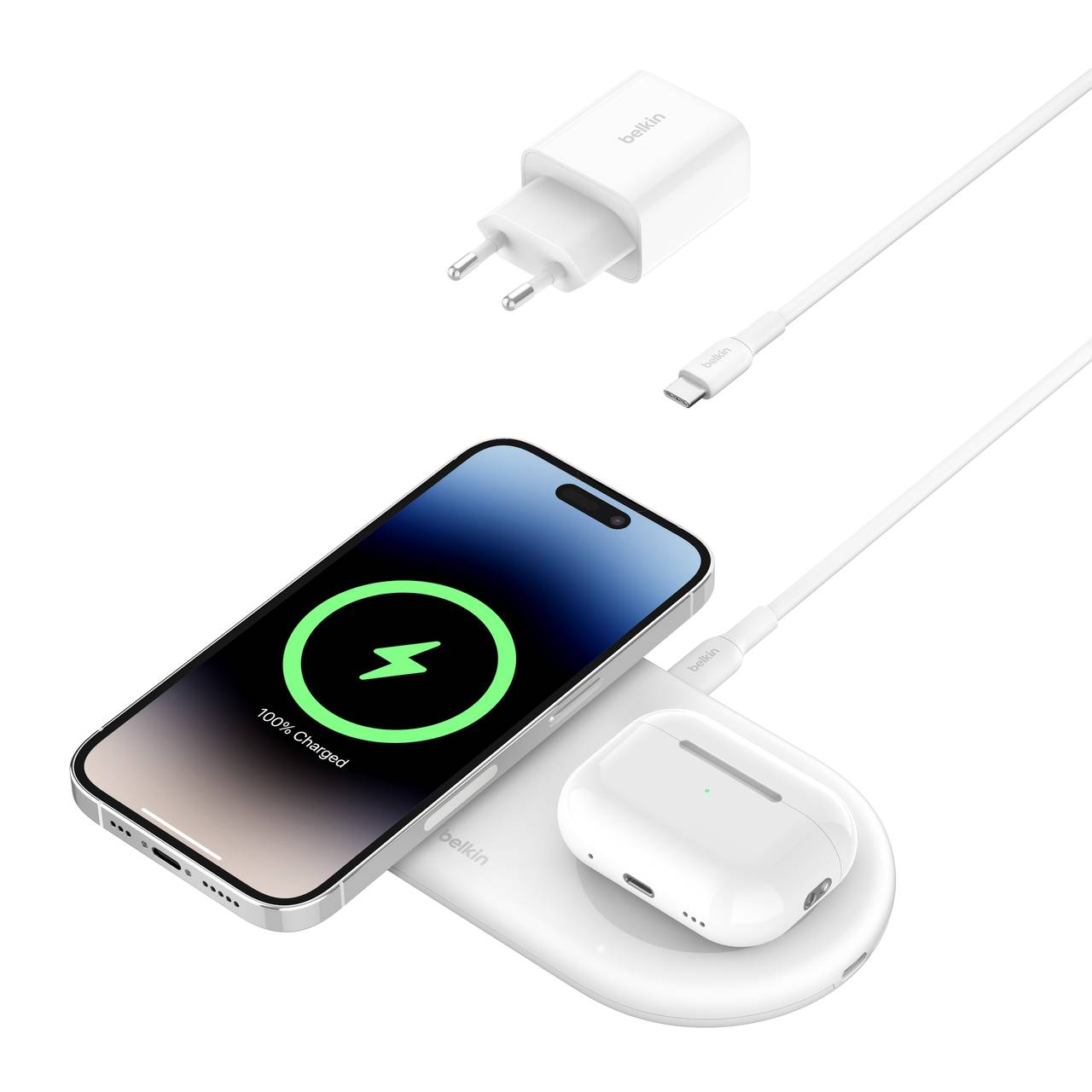 משטח טעינה אלחוטי 2 ב-1 Belkin BoostCharge Pro Qi2 15W – לאייפון ול-AirPods, עם יציאת USB-C נוספת 1 Belkin BoostCharge Pro 2 ב-1 משטח טעינה אלחוטי
