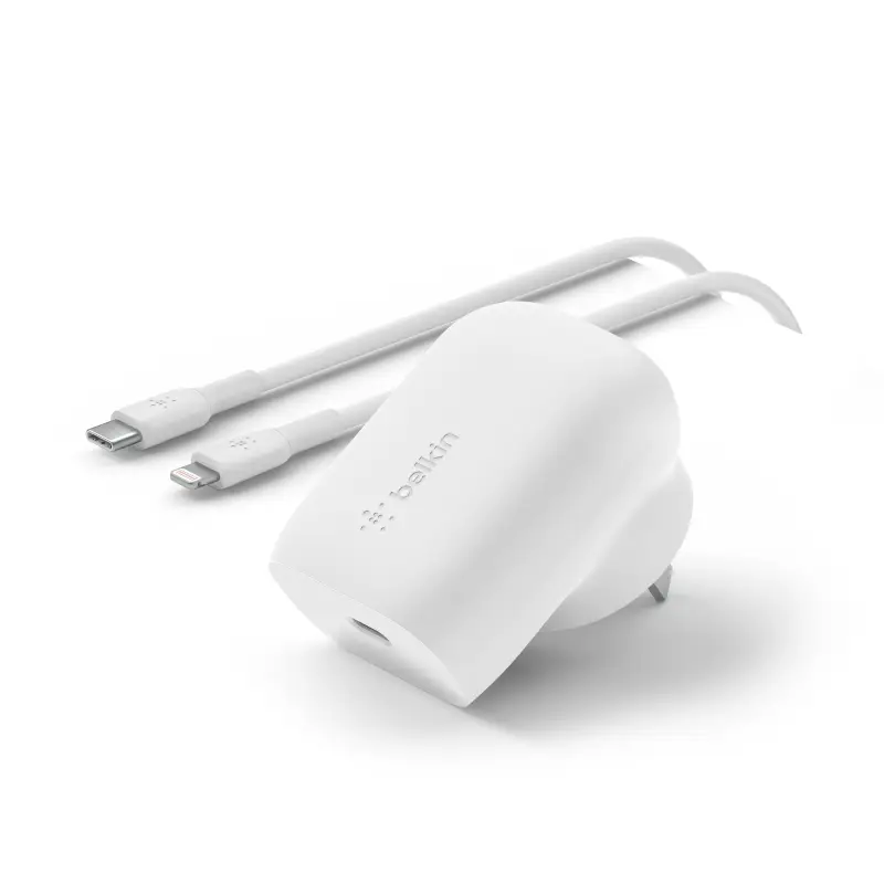 מטען קיר Belkin WCA005 בהספק 30W – USB-C PD 3.0 ו-PPS, כולל כבל USB-C ל-Lightning באורך מטר 1 Belkin WCA005 מטען קיר 30W עם כבל Lightning