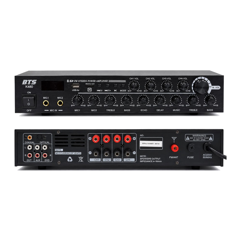 מגבר 4 אזורים 4×80W עם בלוטות׳, רדיו ו-USB – BTS K480 1 מגבר 4 אזורים 4×80W עם בלוטות׳, רדיו ו-USB – BTS K480