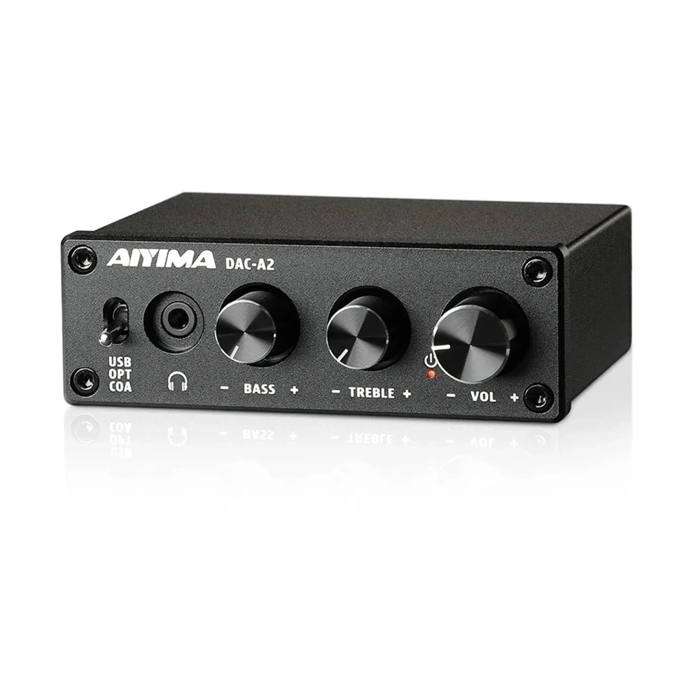 ממיר DAC שולחני עם מגבר אוזניות ובקרות בס וטרבל, כניסות USB, אופטית וקואקסיאלית ויציאת RCA 2 ממיר DAC עם ידיות בס, טרבל ועוצמה בלוח הקדמי