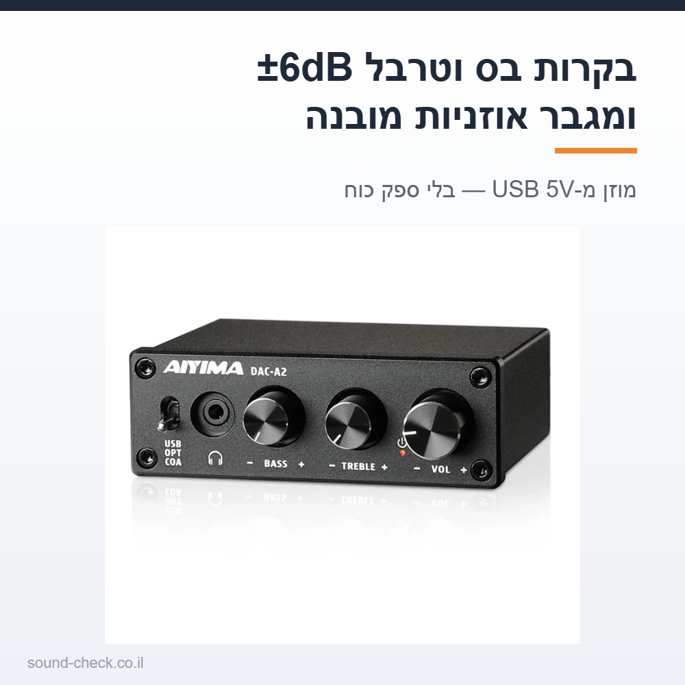 ממיר DAC שולחני עם מגבר אוזניות ובקרות בס וטרבל, כניסות USB, אופטית וקואקסיאלית ויציאת RCA 6 בקרות בס וטרבל ומגבר אוזניות בממיר ה-DAC