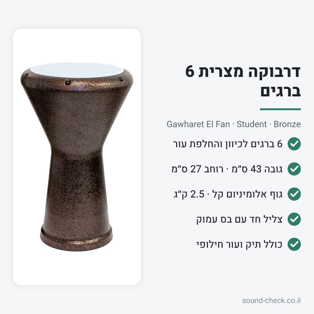 דרבוקה מצרית 6 ברגים Gawharet El Fan – ברונזה | כולל תיק נשיאה ועור חילופי 2 מפרט דרבוקה מצרית 6 ברגים בגימור ברונזה