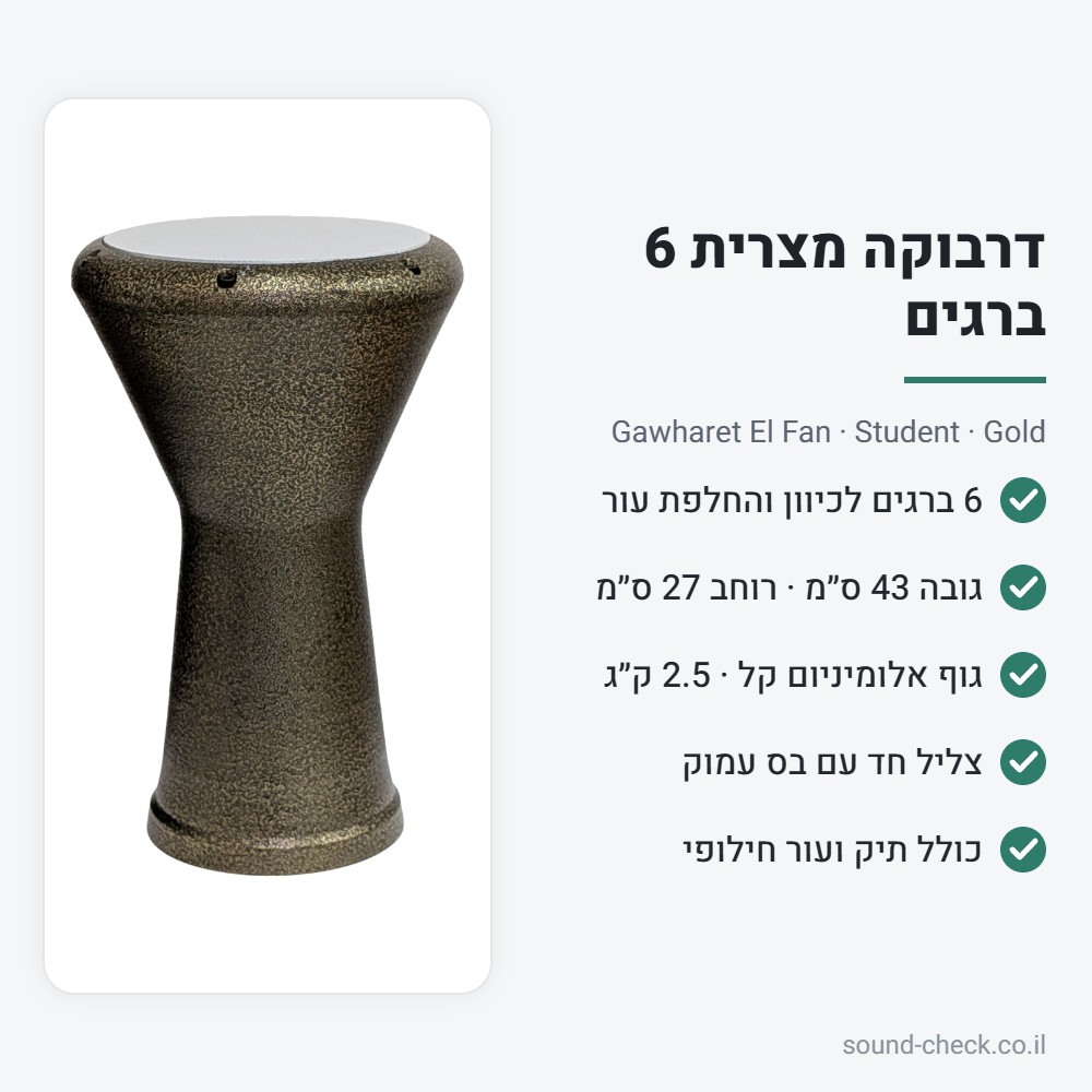 דרבוקה מצרית 6 ברגים Gawharet El Fan – זהב | כולל תיק נשיאה ועור חילופי 2 מפרט דרבוקה מצרית 6 ברגים בגימור זהב