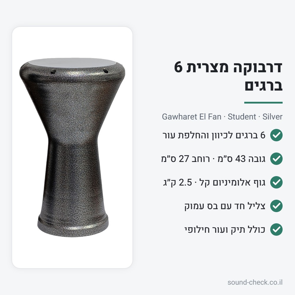 דרבוקה מצרית 6 ברגים Gawharet El Fan – כסף | כולל תיק נשיאה ועור חילופי 2 מפרט דרבוקה מצרית 6 ברגים בגימור כסף
