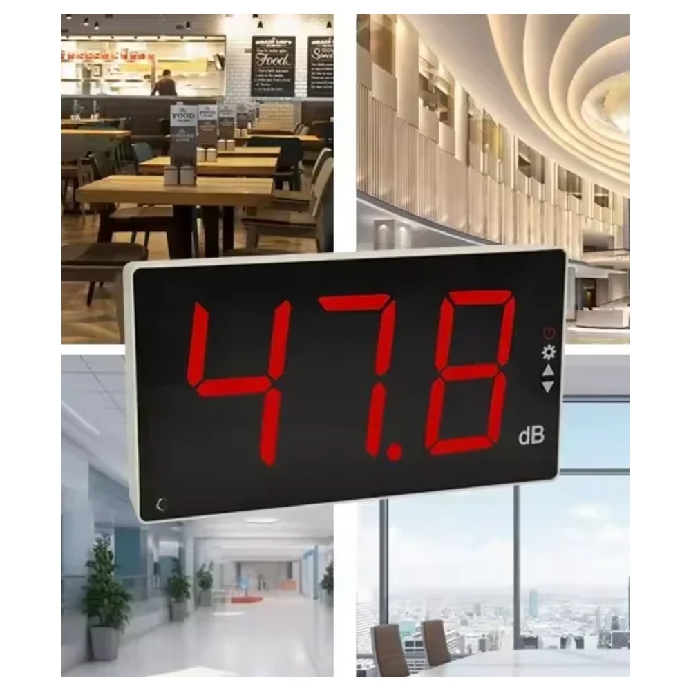 מד רעש דיגיטלי לקיר עם תצוגת LED גדולה והתראת חריגה 30–130dB לחדר חזרות, כיתה ומסעדה 3 מד רעש דיגיטלי עם תצוגת LED גדולה במסעדה ובמשרד לניטור רמת הרעש