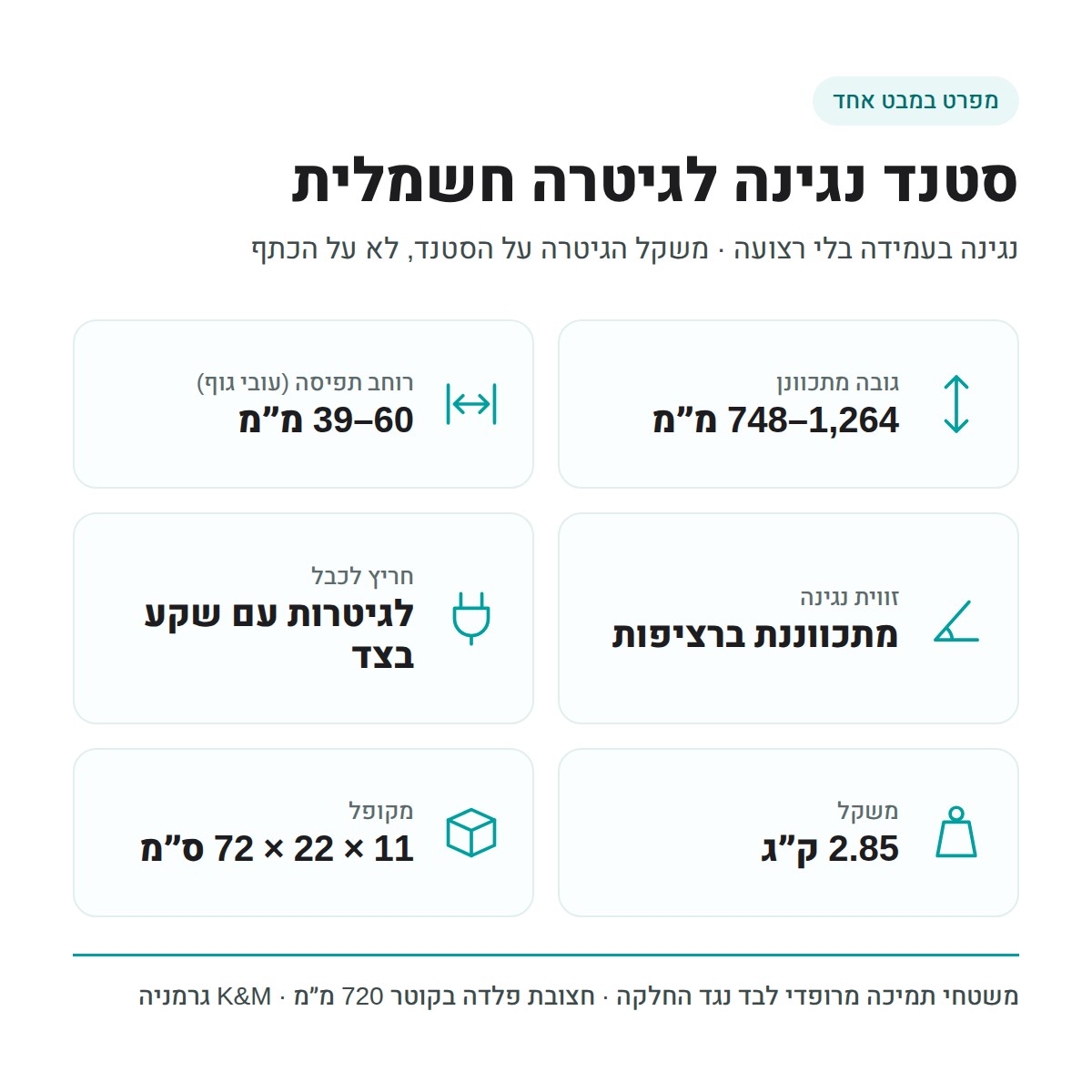 סטנד נגינה לגיטרה חשמלית – נגינה בעמידה בלי רצועה, גובה וזווית מתכווננים 3 מפרט סטנד נגינה לגיטרה חשמלית – גובה, רוחב תפיסה, משקל ומידות מקופל
