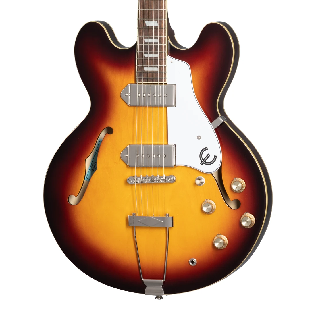 Epiphone Casino Vintage Sunburst – גיטרה חשמלית חלולה 2 גוף Epiphone Casino Vintage Sunburst עם פיקאפים Dogear P-90 ומחזיק מיתרים Trapeze