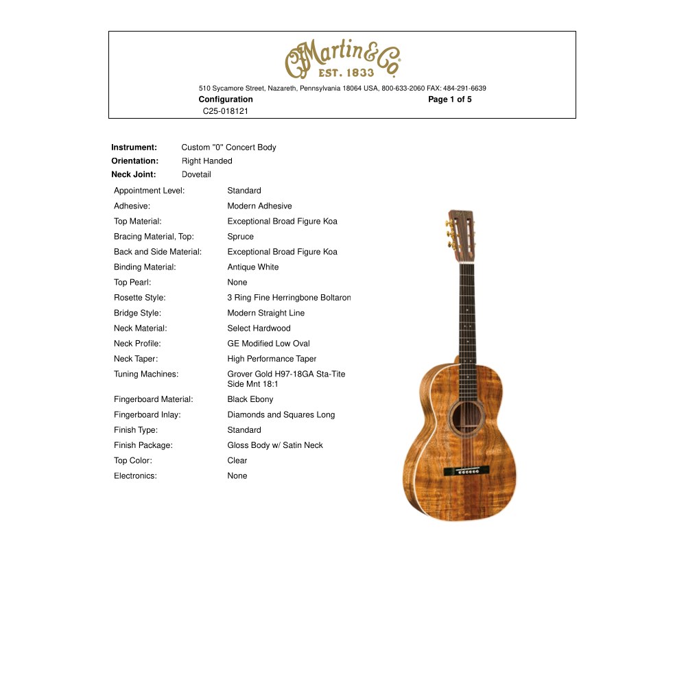 גיטרה אקוסטית Martin Custom Shop 012F Koa – יחידה ייחודית כולל ארגז 2 גיטרה אקוסטית Martin Custom Shop 012F Koa – תמונה 2