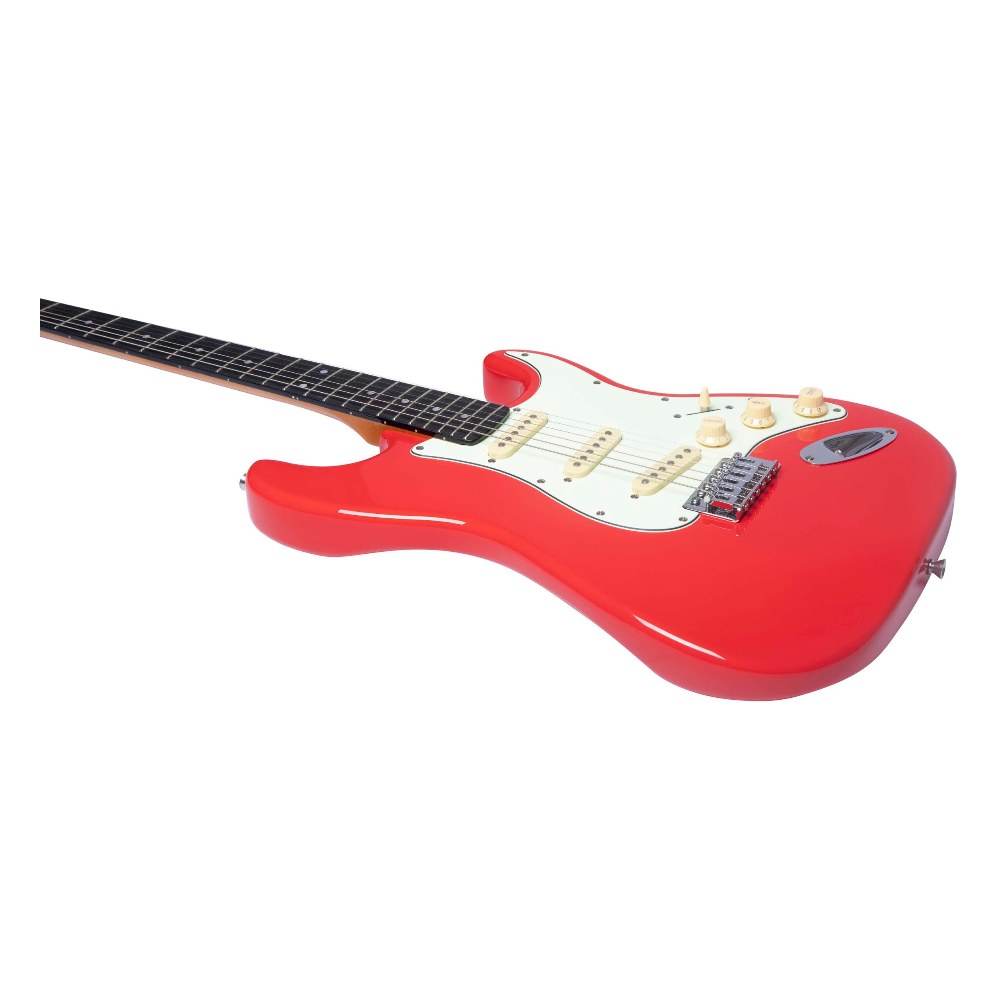 גיטרה חשמלית אדומה EKO ST-300 Fiesta Red – סטרט עם טרמולו ו-3 פיקאפים Single Coil 4 גיטרה חשמלית אדומה EKO ST-300 בגימור Fiesta Red עם פיקגארד Aged White – תמונה 4