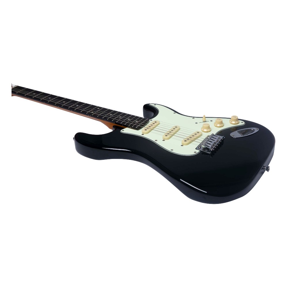 גיטרה חשמלית שחורה EKO ST-300 Black – סטרט בגימור מבריק עם 3 פיקאפים Single Coil 3 גיטרה חשמלית שחורה EKO ST-300 בגימור Gloss Black עם פיקגארד Aged White – תמונה 3