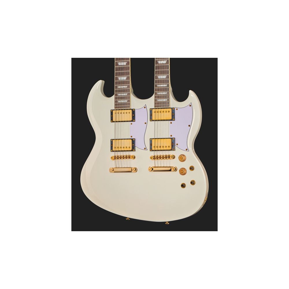 גיטרה חשמלית כפולת צוואר Harley Benton – 6 ו-12 מיתרים, סריגי נירוסטה, לבן ומתכות זהב, כולל קייס (יבוא בלעדי) 3 הגיטרה כפולת הצוואר הלבנה של Harley Benton – גיטרה חשמלית כפולת צוואר, תמונה 3