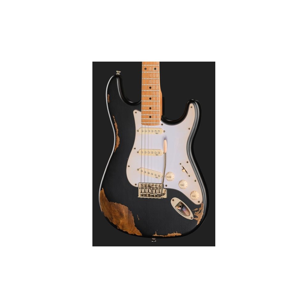 גיטרה חשמלית Harley Benton בסגנון סטראט וינטג׳ – גימור Heavy Aged, גוף אלדר, מייפל מקורמל, שחור (יבוא בלעדי) 4 הסטראט השחורה בגימור Heavy Aged – גיטרה חשמלית, תמונה 4