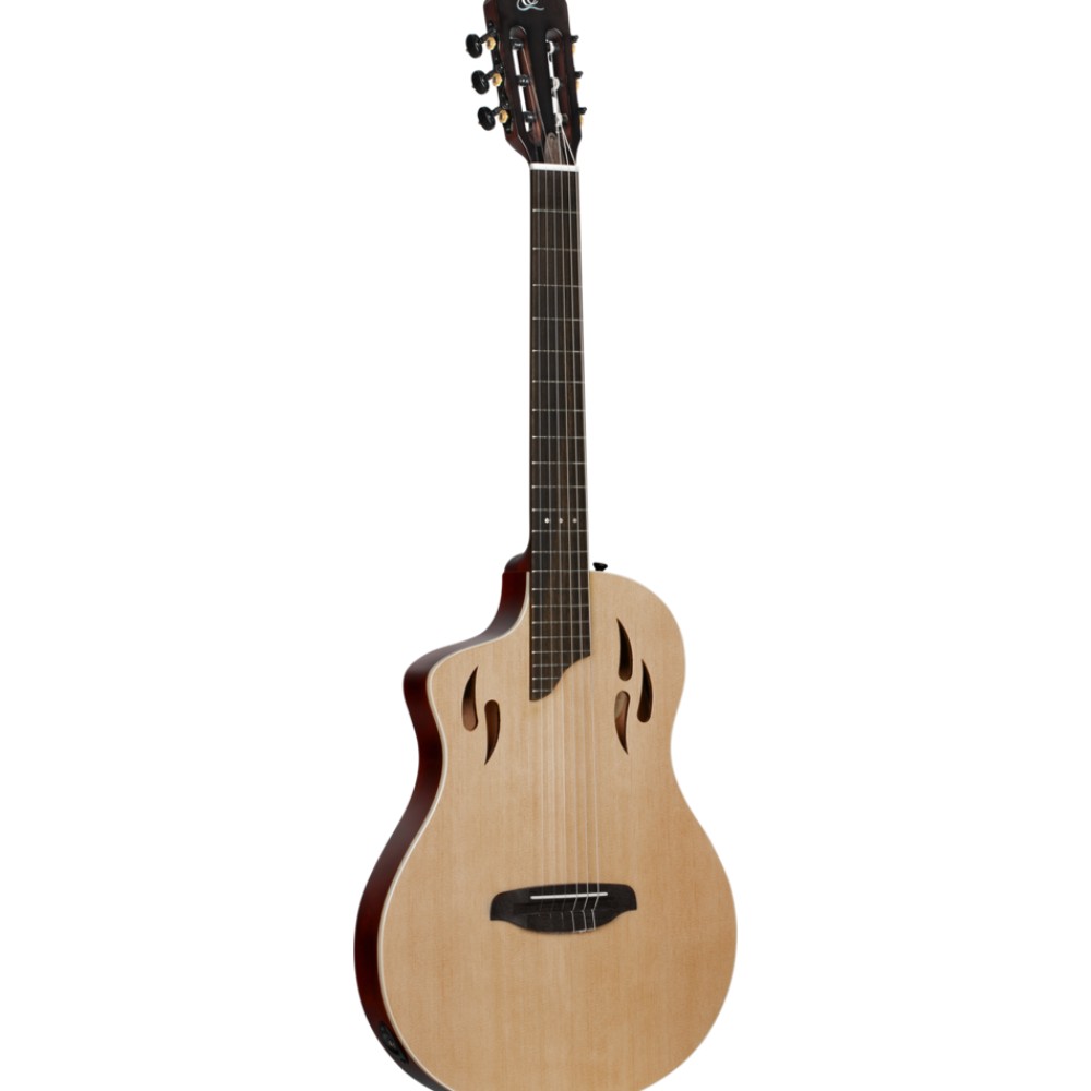 גיטרה קלאסית חשמלית שמאלית Ortega TourPlayer – טופ ספרוס מלא, גימור טבעי 3 גיטרה קלאסית חשמלית לשמאליים Ortega TourPlayer – קאטאווי ופרה-אמפ בדופן