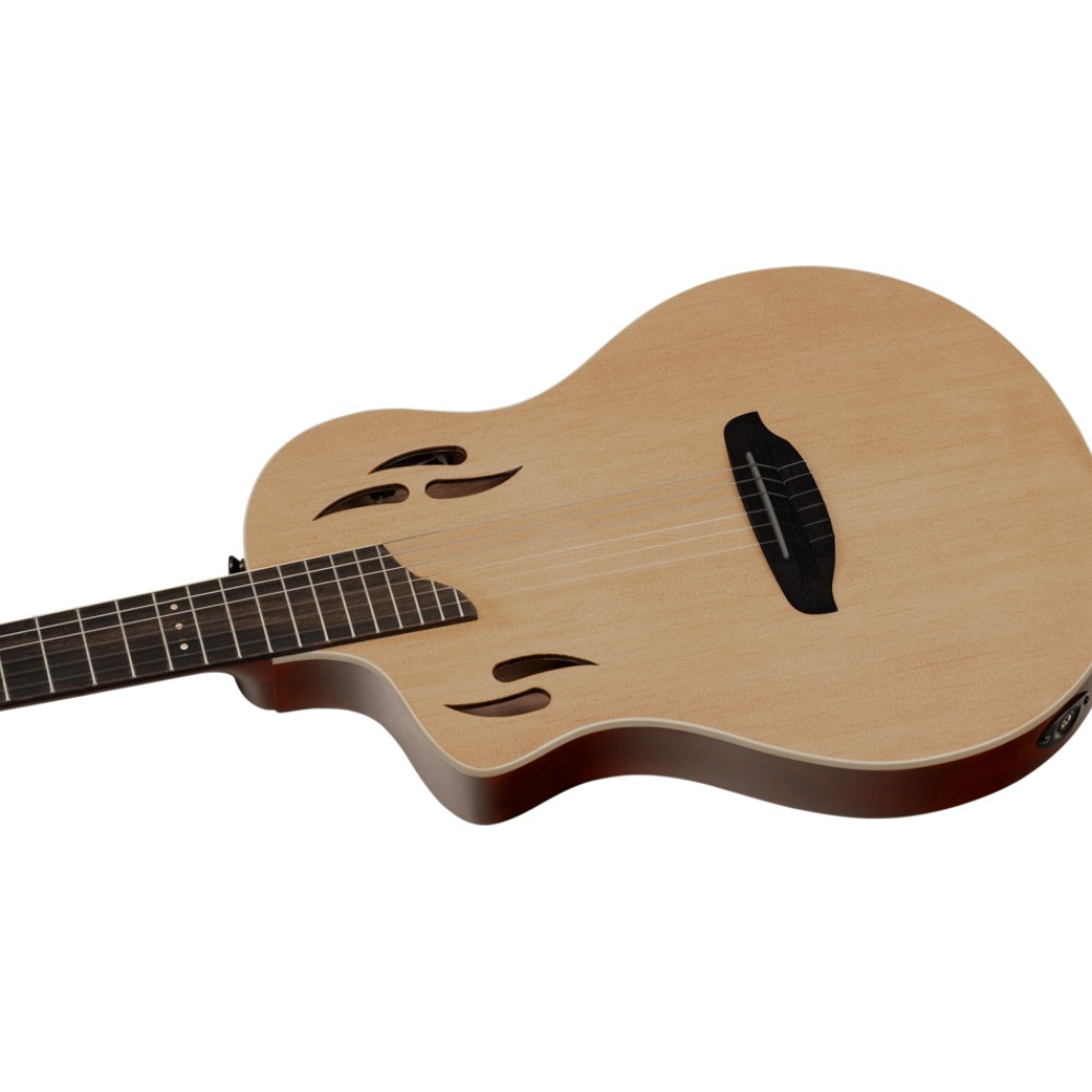 גיטרה קלאסית חשמלית שמאלית Ortega TourPlayer – טופ ספרוס מלא, גימור טבעי 4 Ortega TourPlayer שמאלית – גוף אוקומה חדרי בגימור טבעי מבריק