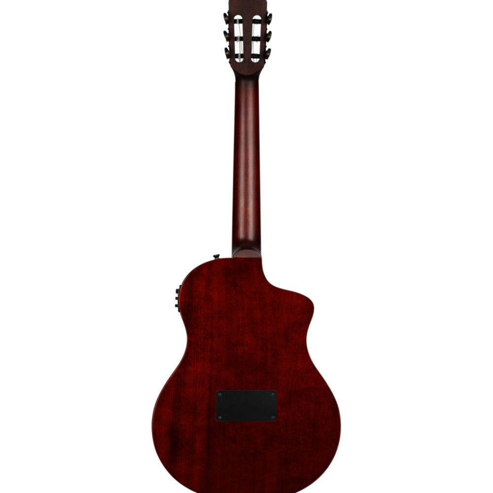 גיטרה קלאסית חשמלית שמאלית Ortega TourPlayer – טופ ספרוס מלא, גימור טבעי 9 Ortega TourPlayer שמאלית – גב הגיטרה מעץ אוקומה