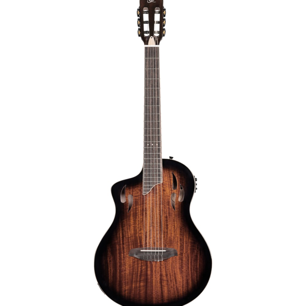 גיטרה קלאסית חשמלית שמאלית Ortega TourPlayer Deluxe – אקציה סאנברסט או מייפל להבה כחול 1 גיטרה קלאסית חשמלית שמאלית Ortega TourPlayer Deluxe בגימור אקציה סאנברסט – מבט קדמי