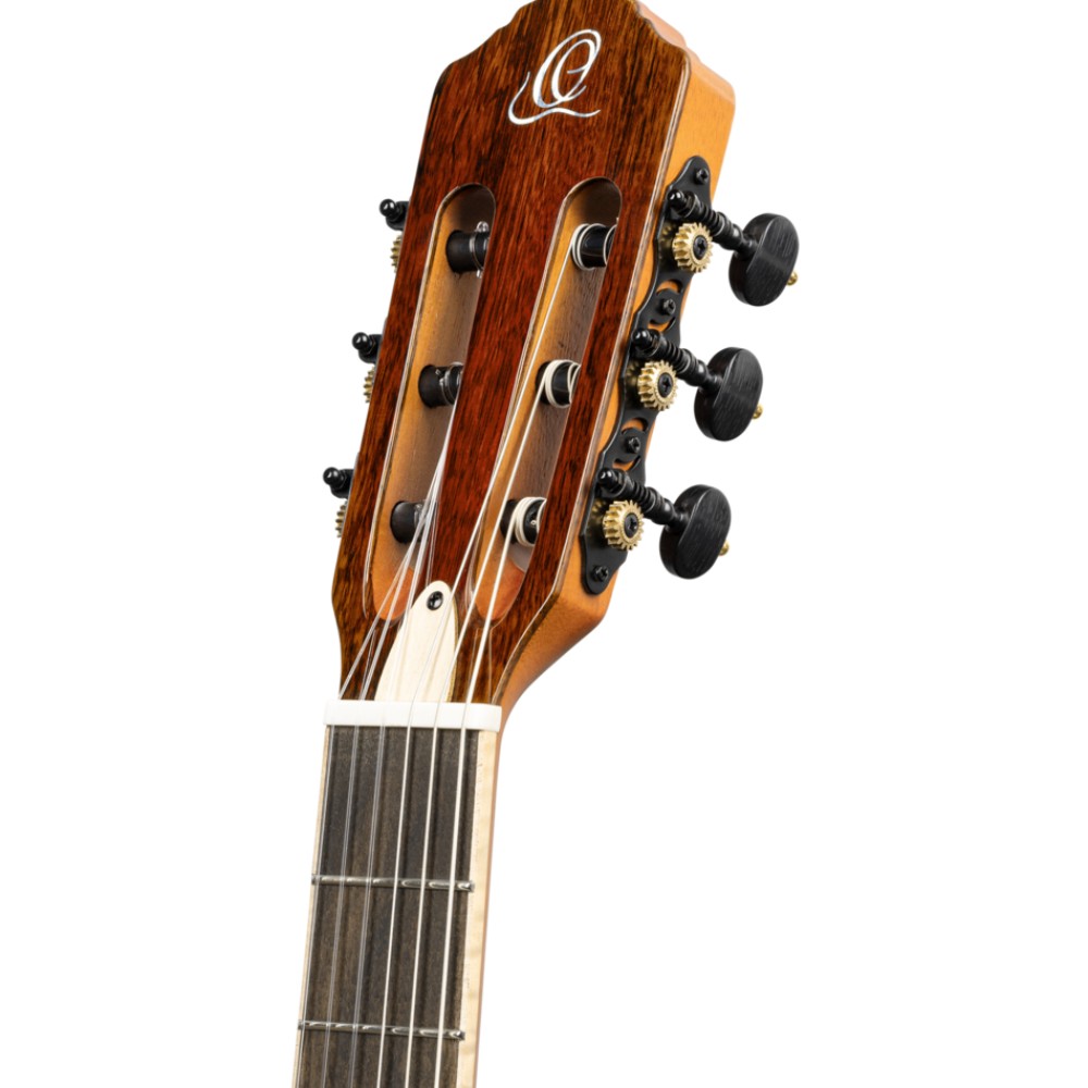 גיטרה קלאסית חשמלית שמאלית Ortega TourPlayer Deluxe – אקציה סאנברסט או מייפל להבה כחול 10 ראש הגיטרה Ortega TourPlayer Deluxe מייפל להבה עם מכונות כיוון