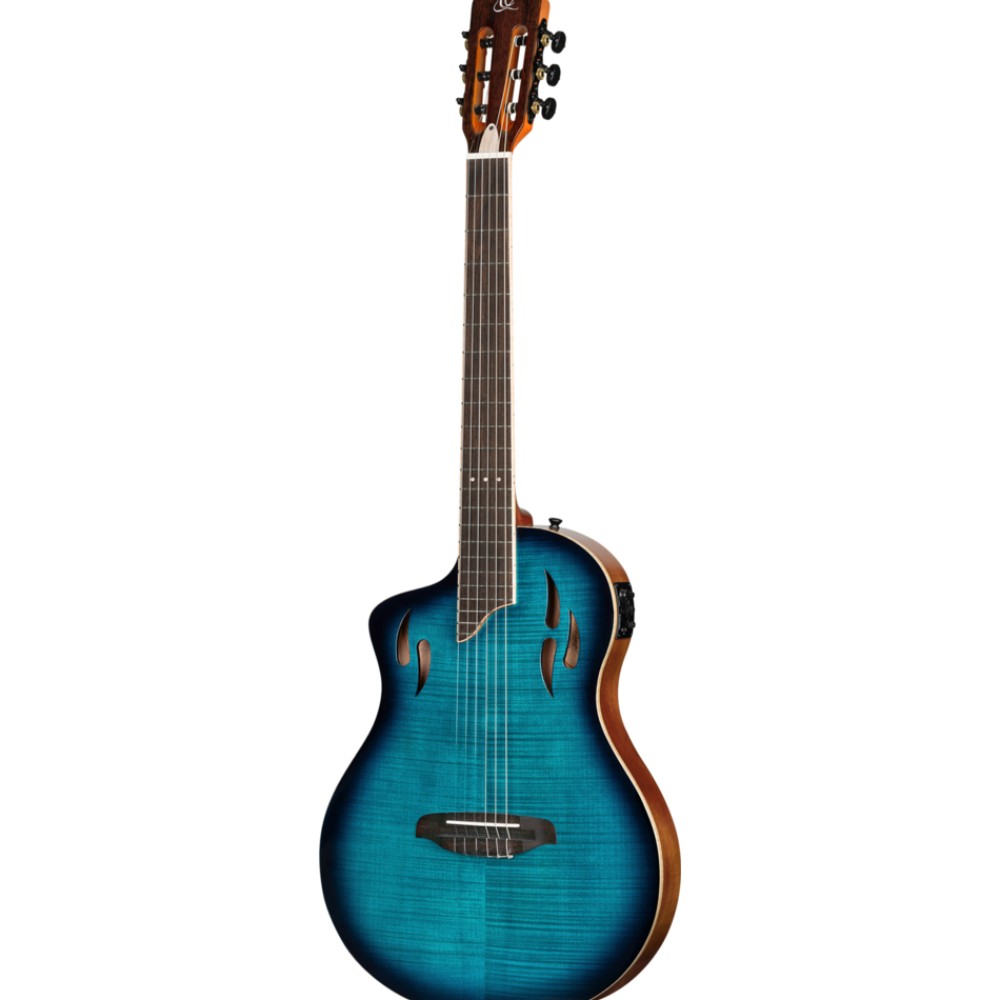 גיטרה קלאסית חשמלית שמאלית Ortega TourPlayer Deluxe – אקציה סאנברסט או מייפל להבה כחול 4 Ortega TourPlayer Deluxe שמאלית מייפל להבה כחול – מבט בזווית