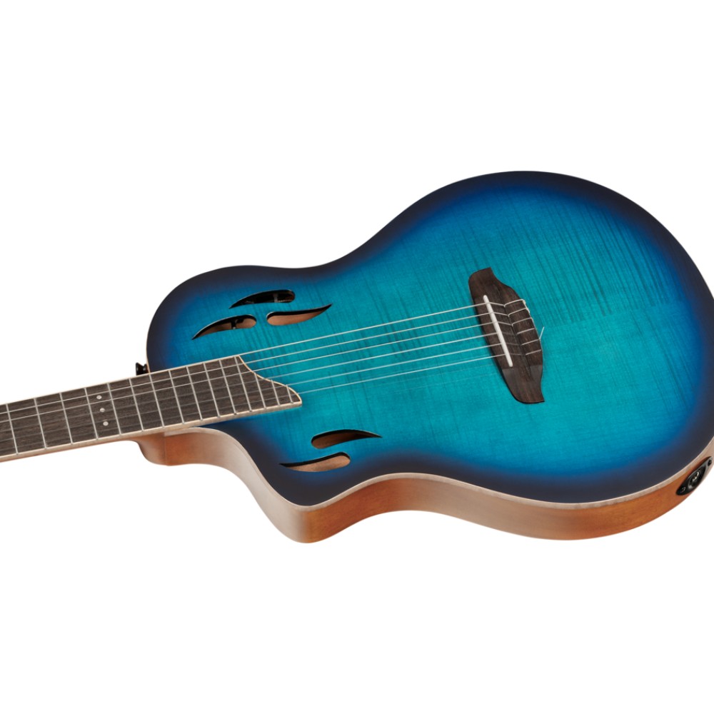 גיטרה קלאסית חשמלית שמאלית Ortega TourPlayer Deluxe – אקציה סאנברסט או מייפל להבה כחול 6 טופ מייפל להבה בכחול מבריק – Ortega TourPlayer Deluxe שמאלית