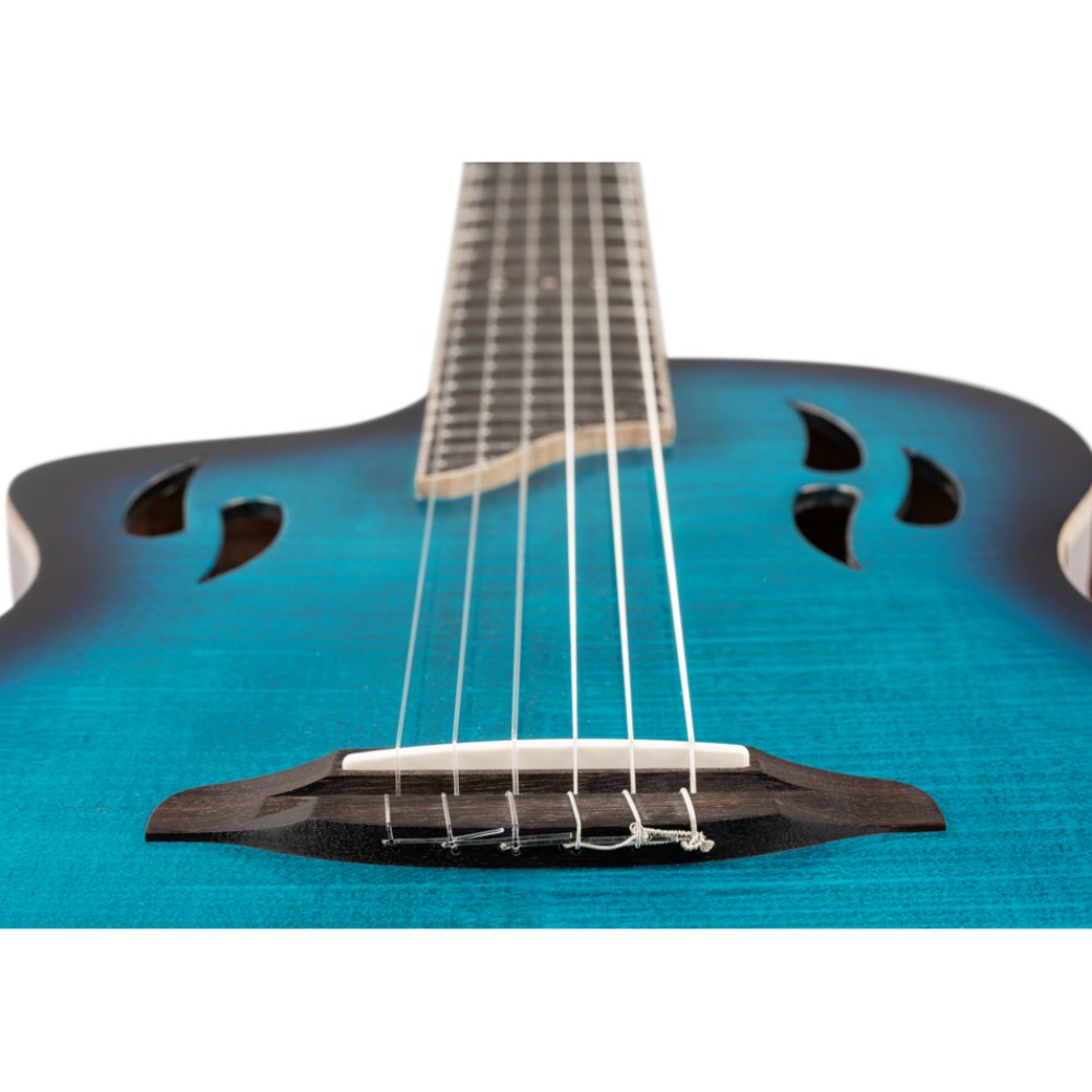 גיטרה קלאסית חשמלית שמאלית Ortega TourPlayer Deluxe – אקציה סאנברסט או מייפל להבה כחול 8 פתחי התהודה והגשר – Ortega TourPlayer Deluxe מייפל להבה כחול