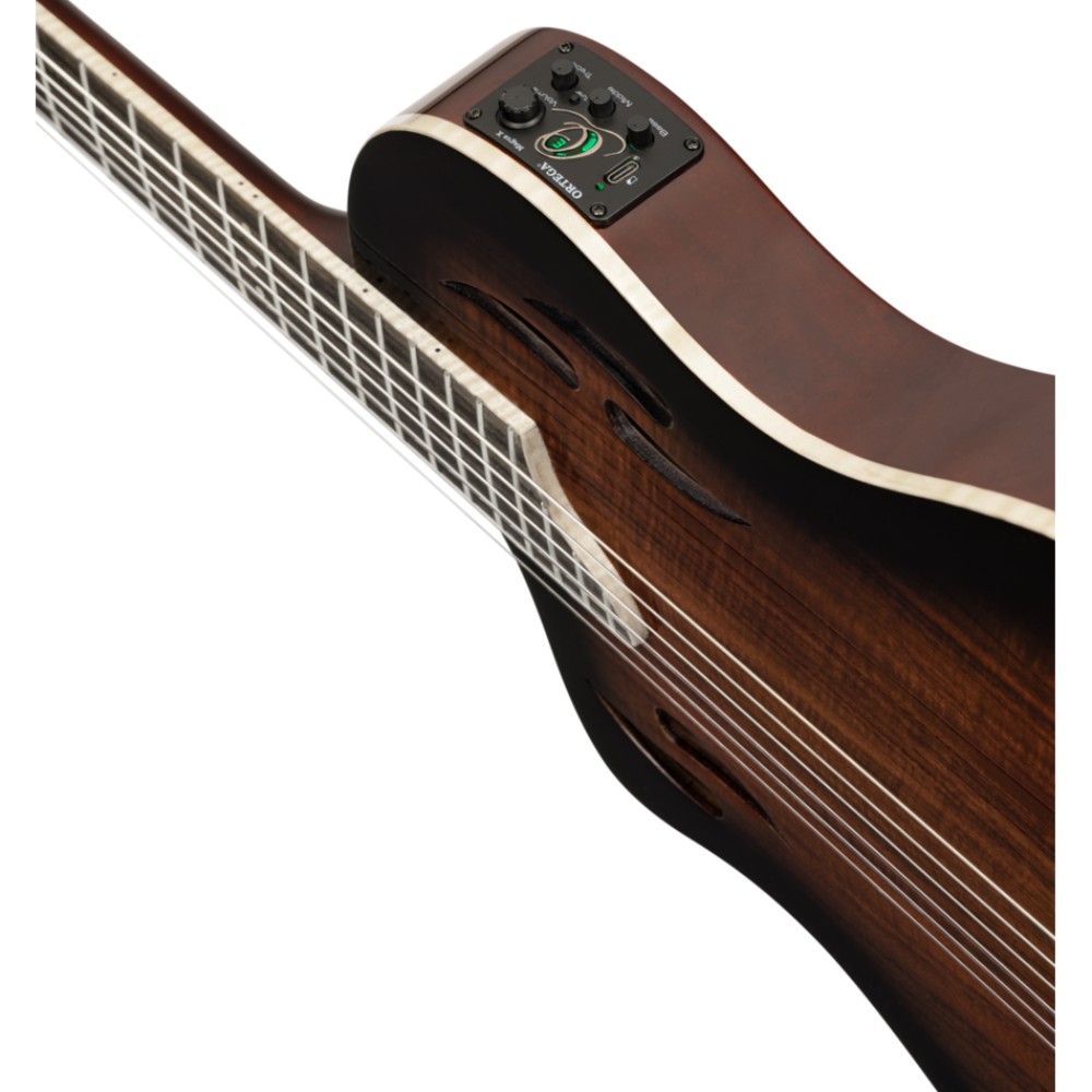 גיטרה קלאסית חשמלית שמאלית Ortega TourPlayer Deluxe – אקציה סאנברסט או מייפל להבה כחול 9 פרה-אמפ Ortega MagusX/G נטען עם EQ ומכוון – TourPlayer Deluxe שמאלית