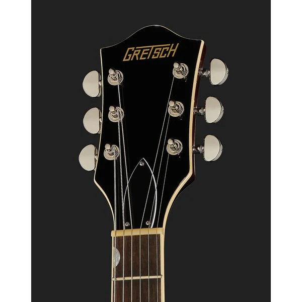 Gretsch G2622T Streamliner Dark Denim – גיטרה חצי־חלולה עם Bigsby 3 Gretsch G2622T Streamliner – תקריב ראש הגיטרה, לוגו Gretsch ומפתחות הכיוון