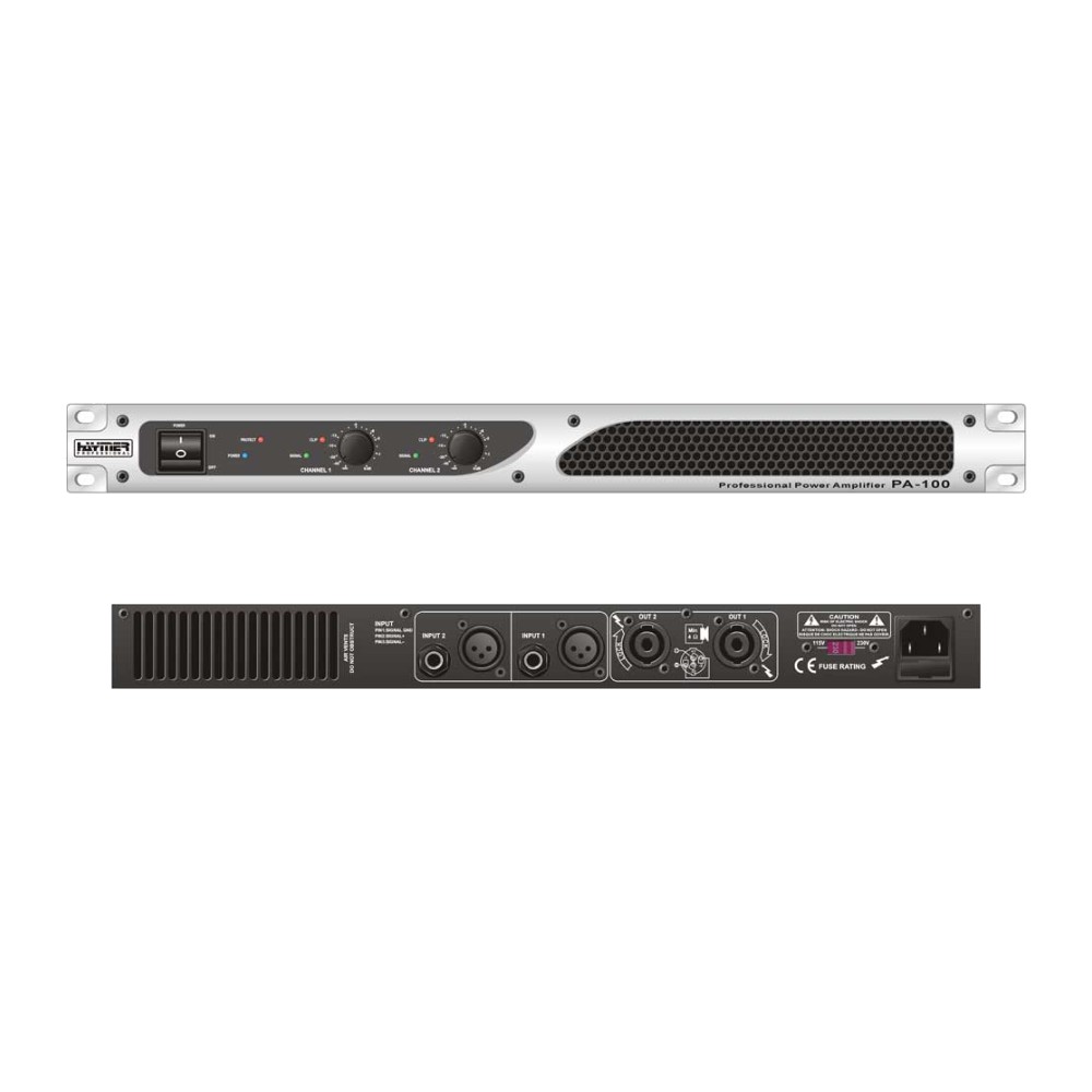 מגבר הספק 2×100W (4Ω) – 1U לראק – Haymer Pro PA-100 1 מגבר הספק 2×100W (4Ω) – 1U לראק – Haymer Pro PA-100