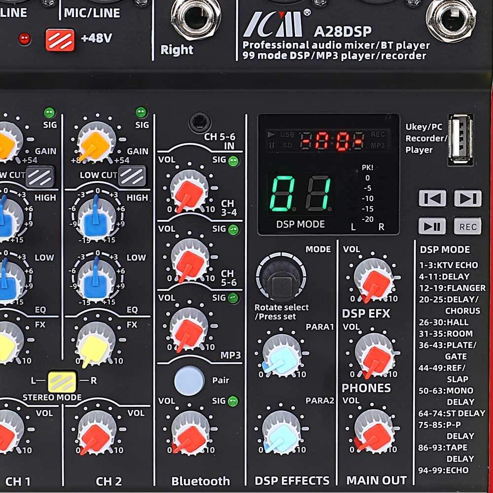 מיקסר 6 ערוצים עם 99 אפקטים, בלוטות׳ והקלטת USB – ICM A28DSP 3 מיקסר 6 ערוצים עם 99 אפקטים, בלוטות׳ והקלטת USB – ICM A28DSP – תמונה 2