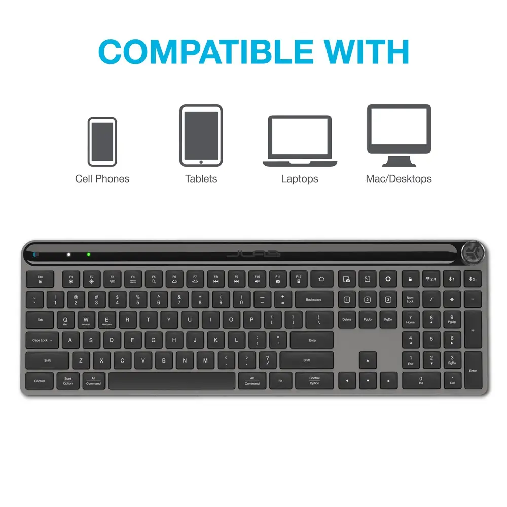 מקלדת אלחוטית JLab Epic Keyboard עם תאורה אחורית – חיבור לשלושה מכשירים, 2.4GHz ו-Bluetooth, סוללה 2000mAh 2 JLab Epic Keyboard מקלדת אלחוטית 2