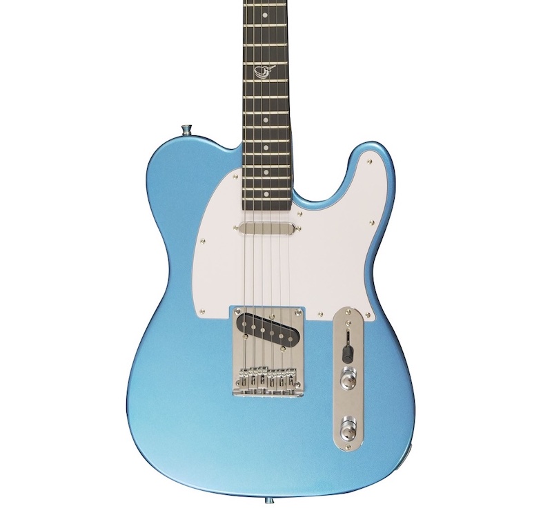 Journey Instruments OT990BL – גיטרה חשמלית כחולה מתפרקת בסגנון T 2 Journey OT990BL כחולה – תקריב הגוף, שני הפיקאפים והגשר הקבוע