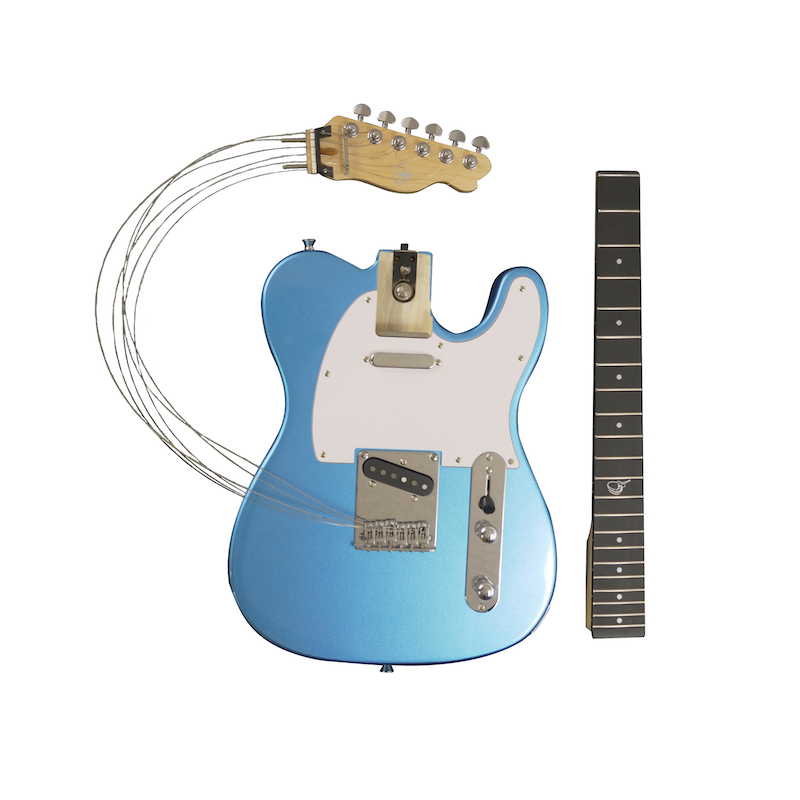 Journey Instruments OT990BL – גיטרה חשמלית כחולה מתפרקת בסגנון T 3 Journey OT990BL – הצוואר וראש הצוואר מפורקים לצד גוף הגיטרה