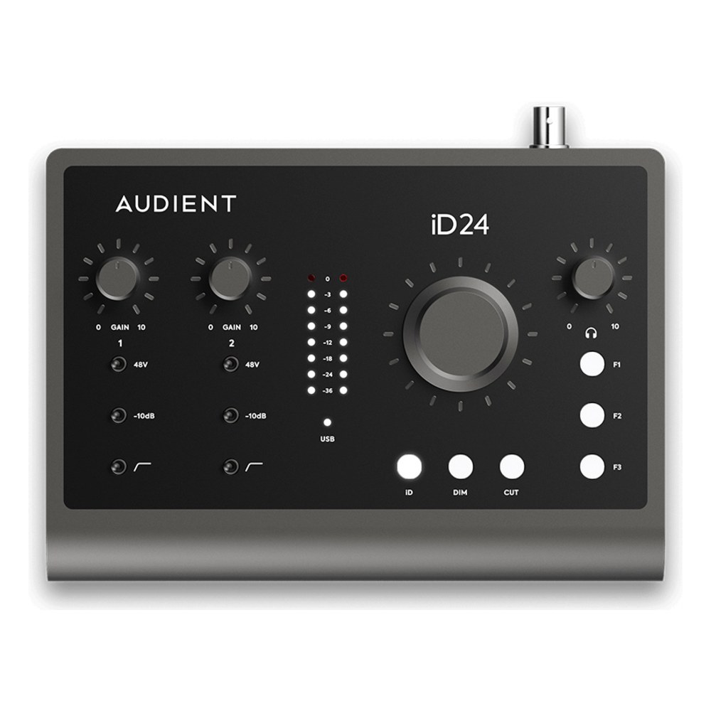 כרטיס קול Audient iD24 – 2 פרה-אמפים Audient Console, הרחבת ADAT ו-Loopback 1 כרטיס קול Audient iD24 במארז מתכת אפור