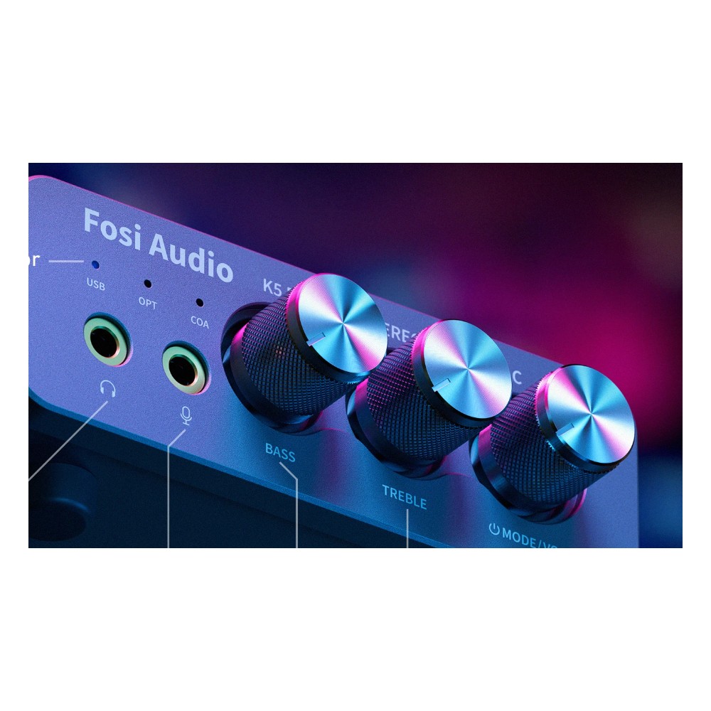 כרטיס קול חיצוני DAC למחשב, Mac ו-PS5 — מגבר אוזניות עם כניסת מיקרופון ויציאה לרמקולים 3 חזית כרטיס הקול: שקע אוזניות, כניסת מיקרופון וכפתורי בס, טרבל וווליום