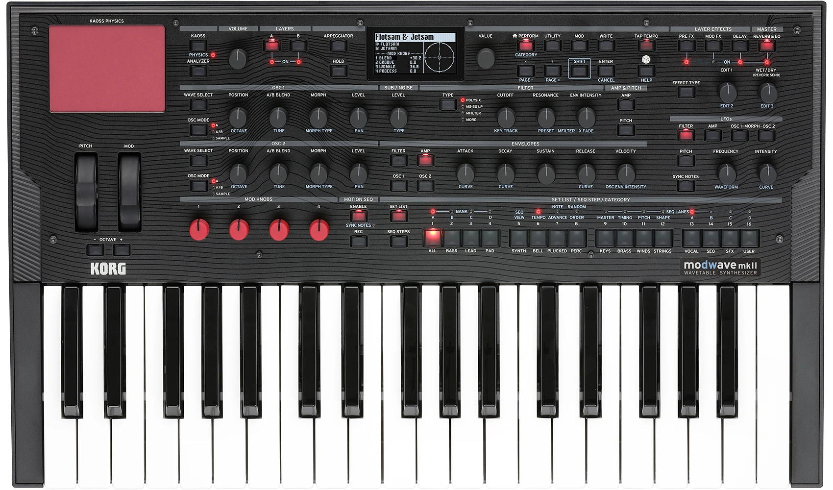 Korg Modwave MKII – סינתיסייזר Wavetable עם 37 קלידים 3 סינתיסייזר Korg Modwave MKII במבט על, 37 קלידים ומשטח Kaoss Physics