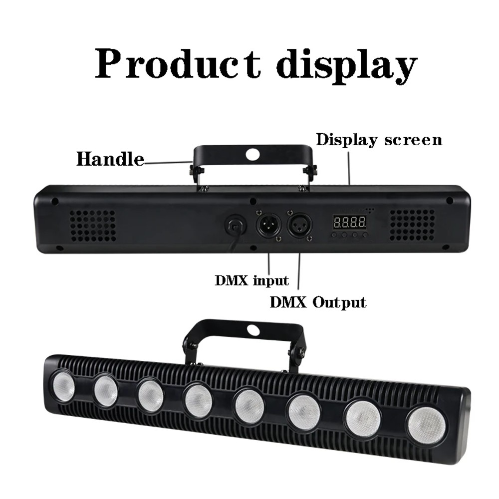 בר לד RGBW לשטיפת קירות – 8 נורות 4-ב-1, DMX512, צג ושלט רחוק 2 בר לד RGBW – ידית, צג, כניסת DMX ויציאת DMX
