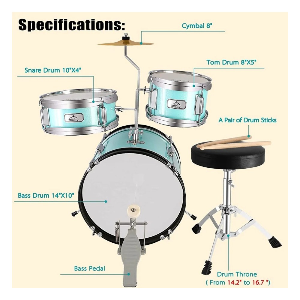 מערכת תופים לילדים Koala Drums YWJD-304 – בס 14 אינץ׳, עד גיל 8, כולל כיסא 3 מערכת תופים לילדים Koala Drums YWJD-304 עם מצילה, כיסא ופדל – תמונה 3