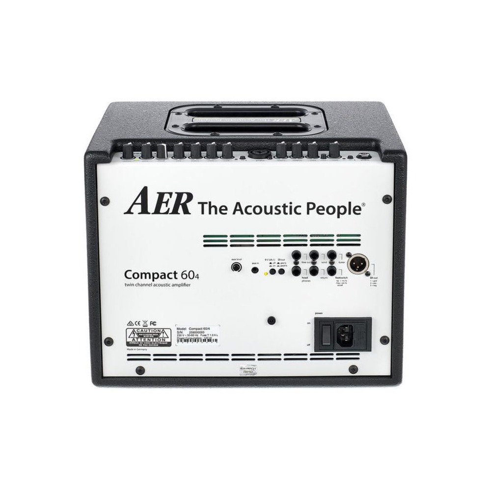 מגבר לגיטרה אקוסטית AER Compact 60/4 שחור 60W – שני ערוצים, אפקטים ויציאת DI 6 גב מגבר AER Compact 60/4 עם שקע החשמל והמפרט