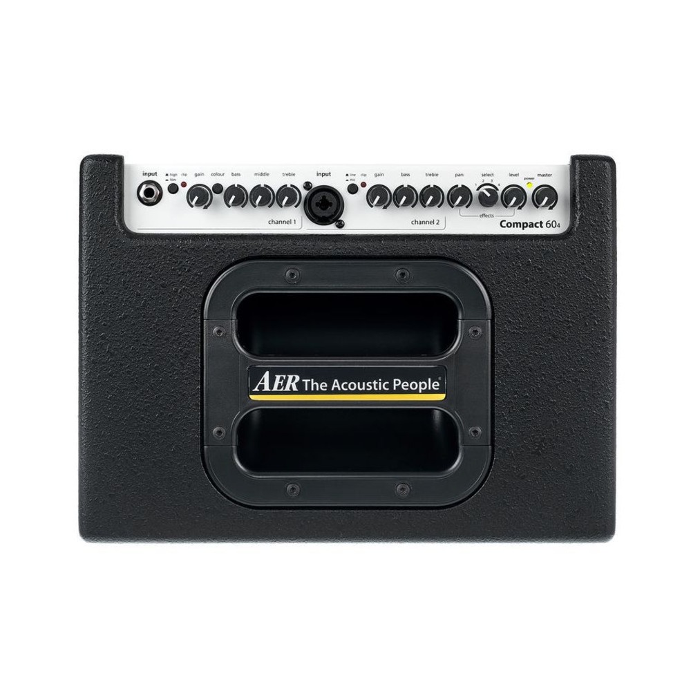 מגבר לגיטרה אקוסטית AER Compact 60/4 שחור 60W – שני ערוצים, אפקטים ויציאת DI 2 חזית מגבר AER Compact 60/4 עם לוח הבקרה העליון ושני הערוצים