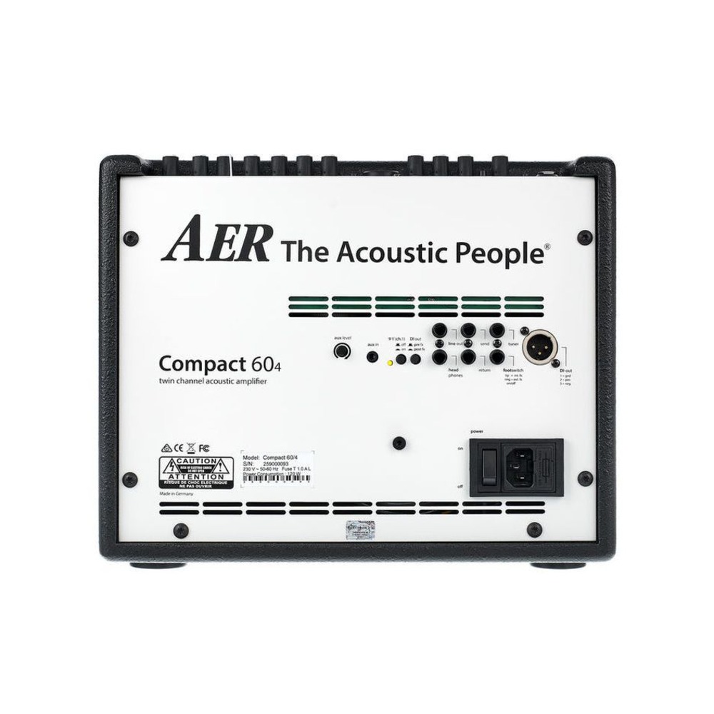 מגבר לגיטרה אקוסטית AER Compact 60/4 שחור 60W – שני ערוצים, אפקטים ויציאת DI 4 לוח החיבורים האחורי של מגבר AER Compact 60/4 עם יציאת DI ו-FX Loop