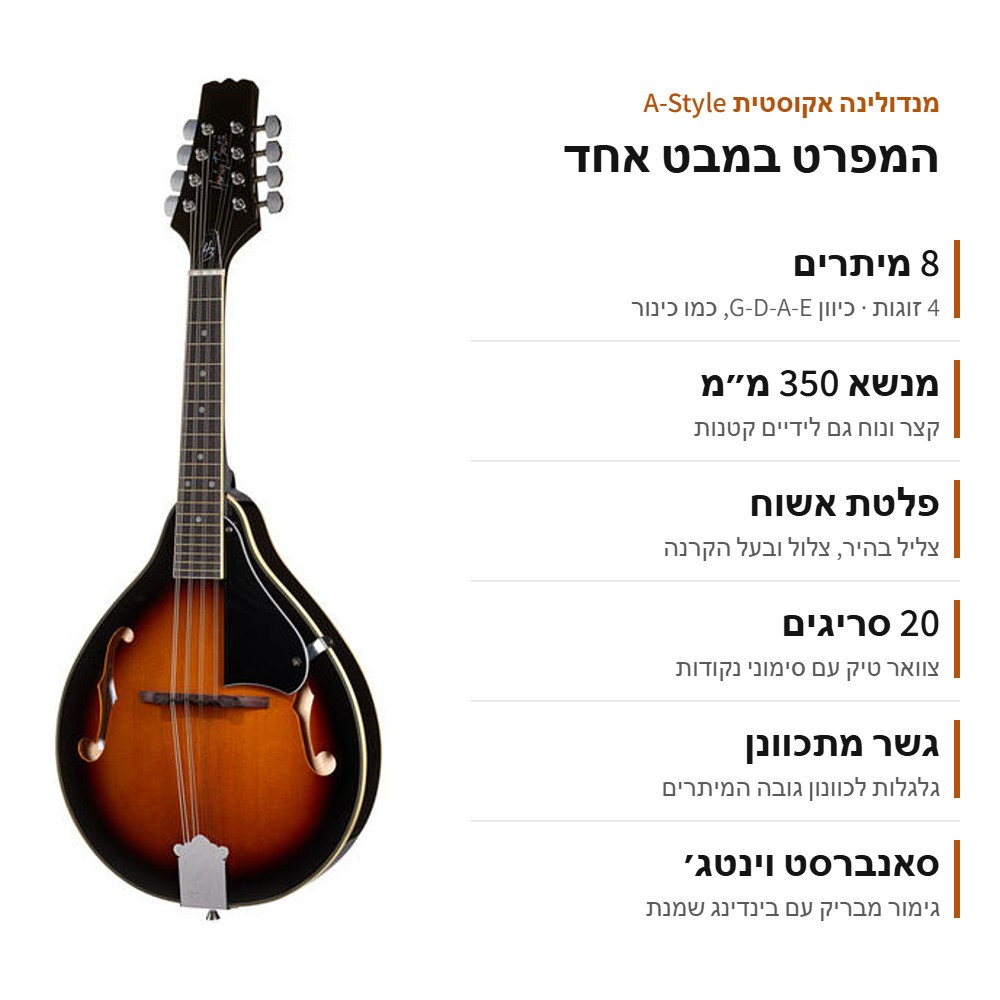 מנדולינה אקוסטית למתחילים A‑Style – 8 מיתרים, פלטת אשוח וגימור סאנברסט וינטג׳ 3 מפרט המנדולינה במבט אחד — 8 מיתרים, מנשא 350 מ"מ, פלטת אשוח, 20 סריגים וגשר מתכוונן
