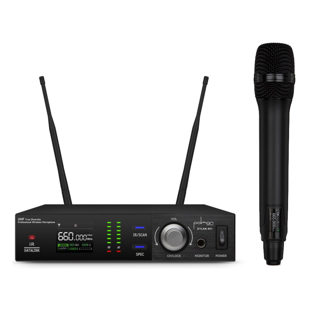 מיקרופון ידני אלחוטי Polman DYLAN-661 – UHF 100 ערוצים עם קייס קשיח וכנפי ראק 1 מיקרופון ידני אלחוטי Polman DYLAN-661 עם מקלט וקייס קשיח